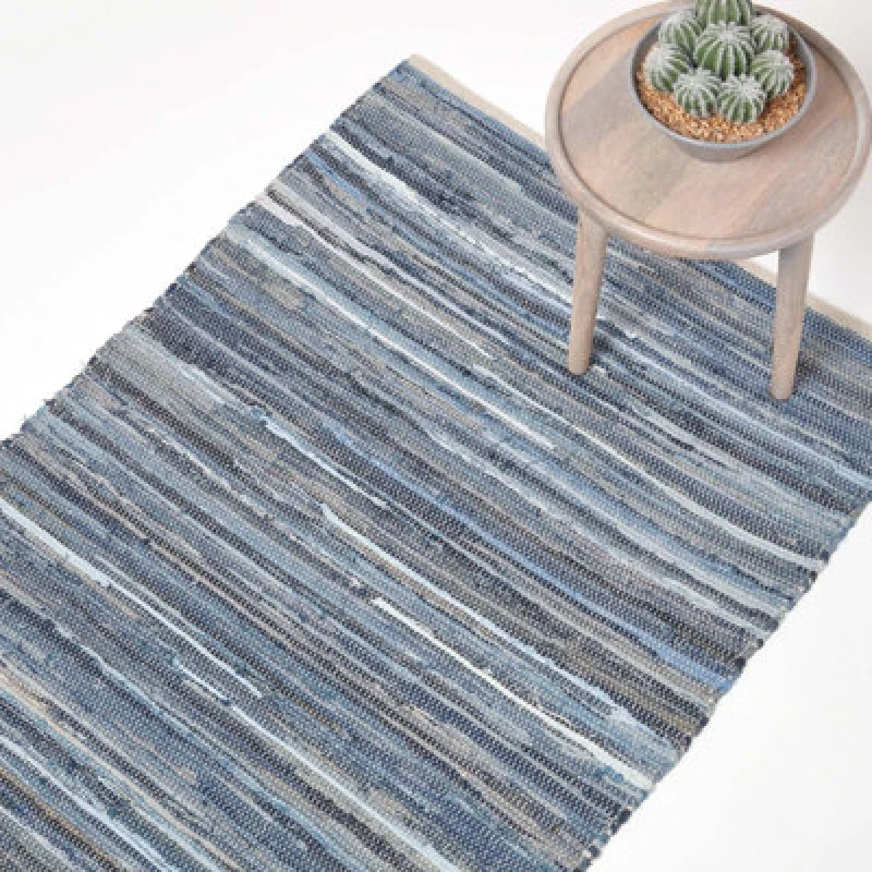 Image of Homescapes Blue Denim Handwoven Striped Chindi Rug, 60 X 90 Cm