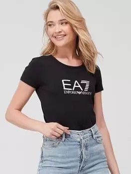 Image of EA7 Emporio Armani EA7 Shiny Logo Slim Fit Tee - Black, Size XS, Women