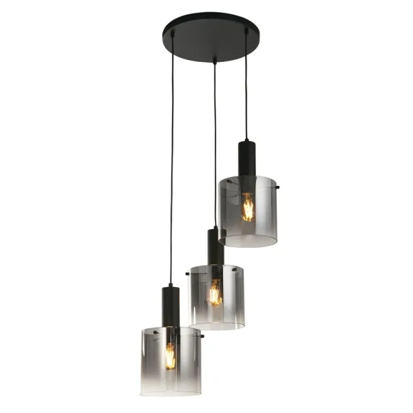 Image of Searchlight Sweden Smoked Glass 3 Light Cluster Ceiling Pendant - Matt Black