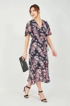 image of Navy Tropical Floral Wrap Front Midi Dress