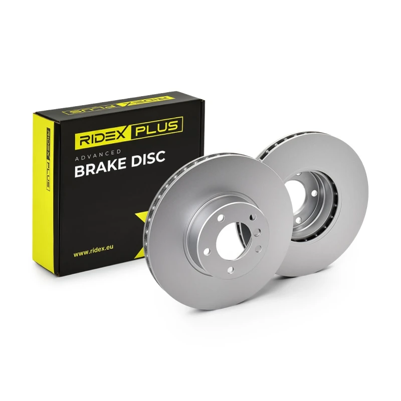 Image of RIDEX PLUS 82B0203P Brake disc Front Axle, Vented, Grey Cast Iron, Coated, High-carbon, with bolts/screws Grey Cast Iron Brake Disc (82)