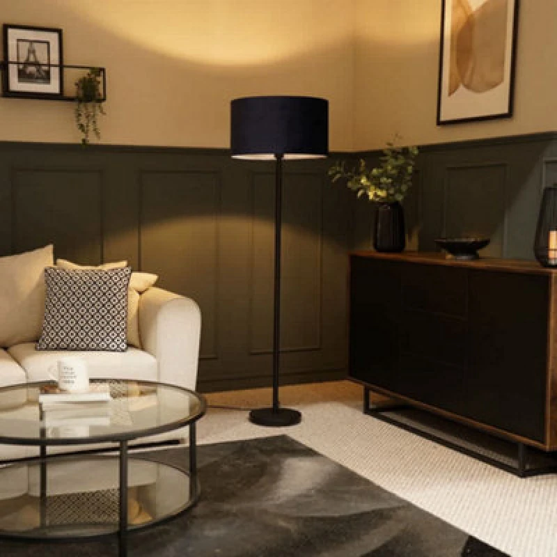 Image of ValueLights ValueLights Charlie Black Stem Floor Lamp Light with Velvet Lamp Shade in Navy Size: 18" Navy 18" Unisex 5059406035739