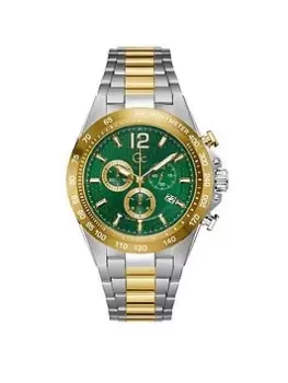 Image of Gc Swiss Movement - Polished & Brushed Silver & Yellow Gold PVD case & bracelet - Green dial - Chrono - Ø 44mm - Sapphire coated mineral glass,