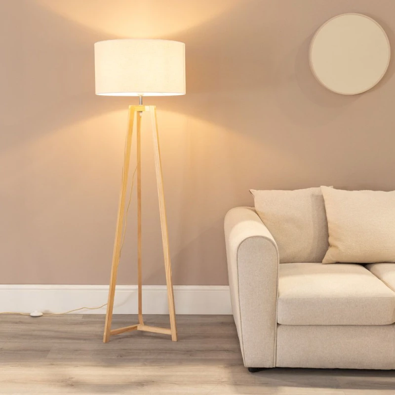 Image of ValueLights Lottie Natural Wood Tripod Floor Lamp with Linen White Trim Drum Lamp Shade Natural