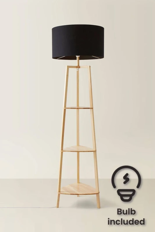 Image of ValueLights ValueLights Hiru 3 Tier Wooden Shelf Floor Lamp with Large Drum Shade and Bulb in Black One Size Unisex 5059406034589