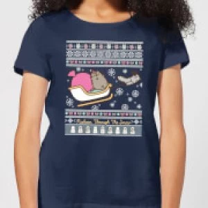 Image of Pusheen Through The Snow Womens Christmas T-Shirt - Navy - XXL