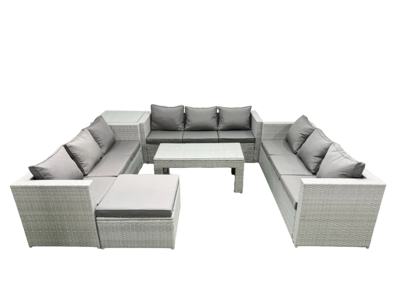 Image of Fimous Rattan Garden Outdoor Furniture Set 10 Seater Garden Sofa Oblong Coffee Table Set with Big Footstool Side Table Light Grey Mixed Light Grey