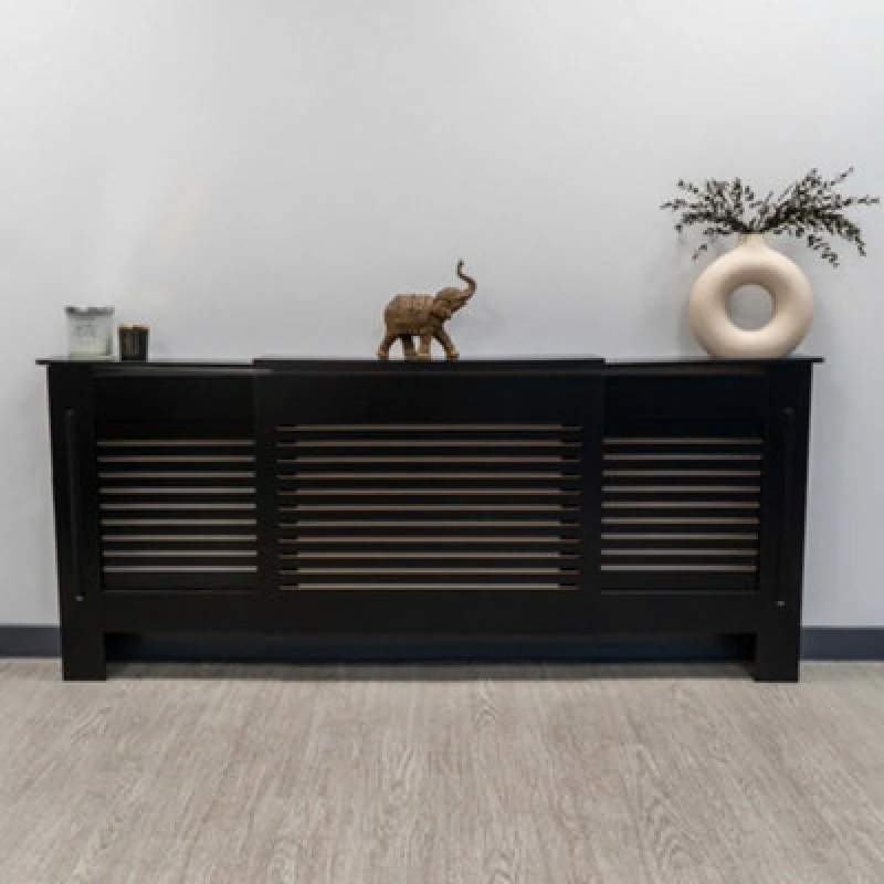 Image of Jack Stonehouse Black Horizontal Slat Mdf Radiator Cover - Adjustable - 140-204Cm (W) X 81.5Cm (H) X 19Cm (D)