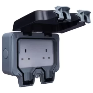 image of BG 13 Amp 2 Gang Unswitched Weatherproof Socket IP66 Rated Grey/Black