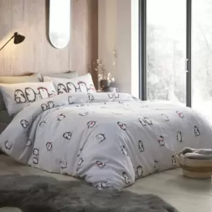 image of Christmas Snowy Penguin Print 100% Cotton Reversible Duvet Cover Set, Grey, Single - Fusion