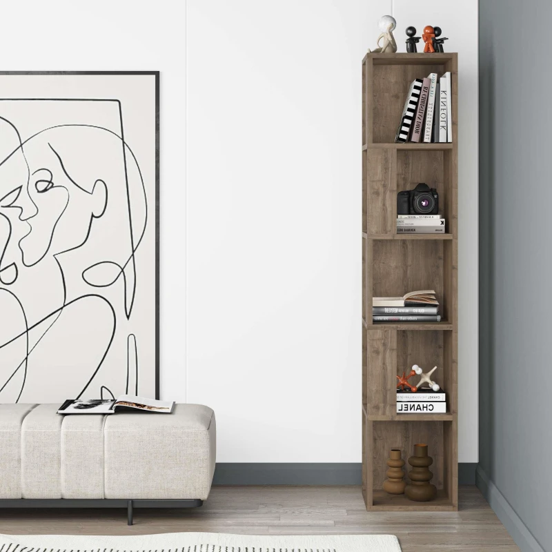 Image of Decortie Corner Bookshelf Unit 31.4X158.9Cm Wall-mounted Bookcase, Particleboard, Dark Oak Effect, Brown 8683628012413