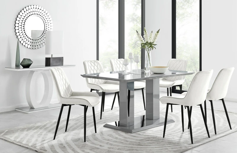 Image of FurnitureboxUK FurnitureboxUK Imperia 6 Grey Dining Table and 6 Pesaro Black Leg Chairs in Cream Cream One Size Unisex 5056542662539