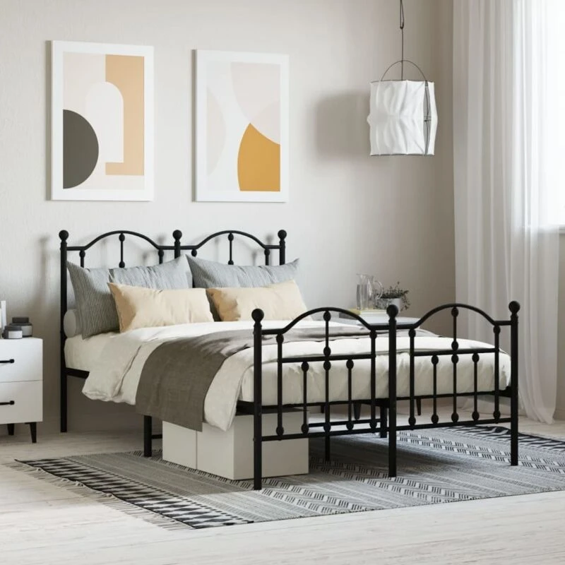 Image of Vidaxl Metal Bed Frame With Headboard And Footboard Black 120X190 Cm Small Double, Black 353454