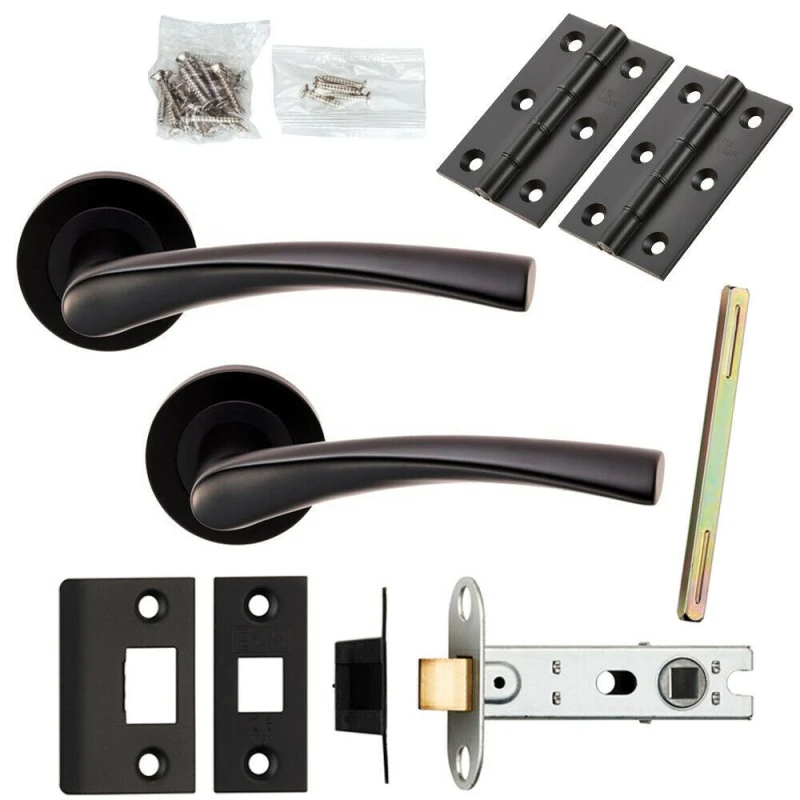 Image of Loops Door Handle & Latch Pack Matt Black Twist Curved Lever Screwless Round Rose Black