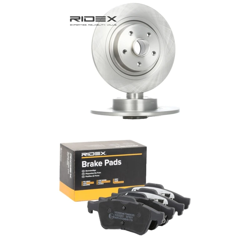 Image of RIDEX 3405B3321 Brake disc and pads set Rear Axle, Brake Disc Type: Solid, not prepared for wear warning indicator Brake Set,disc brakes (3405)