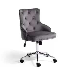 image of Grey Velvet Luxury Tufted Office Chair with Stud Detail