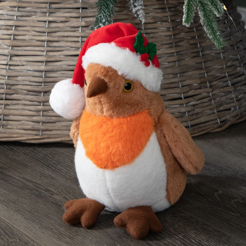 Image of 23cm Plush Christmas Robin Decoration with Santa Hat