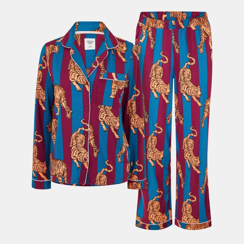 Image of Chelsea Peers Womens Long Sleeve Relaxed Fit Pyjama Sets Navy Strp Tiger female 8 (XS)