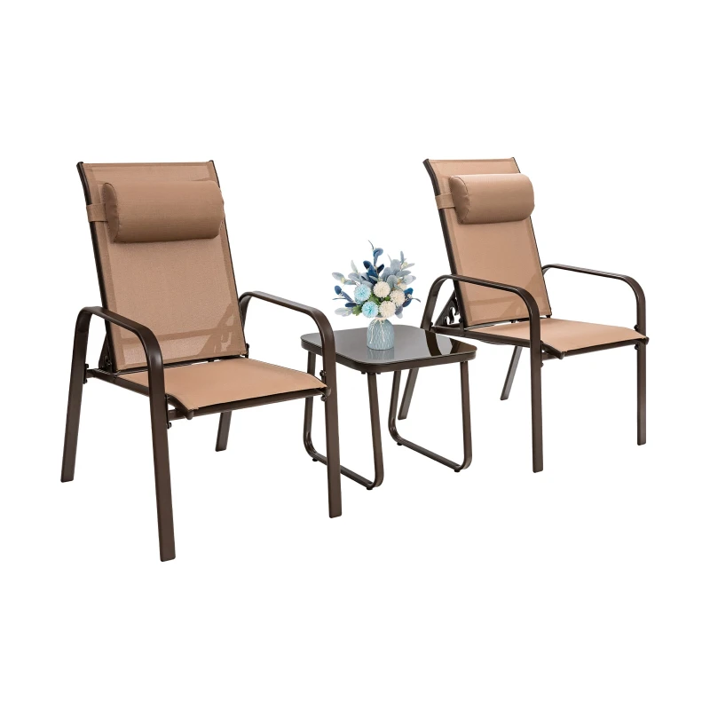 Image of COSTWAY 3 Pieces Patio Bistro Set with Coffee Table and 2 Stackable Chairs-Brown, Brown NP10222CF