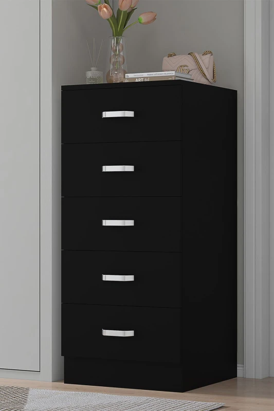 Image of FWStyle 5 Drawer Tall Slim Space Saving Chest Of Drawers - Matt Black Black