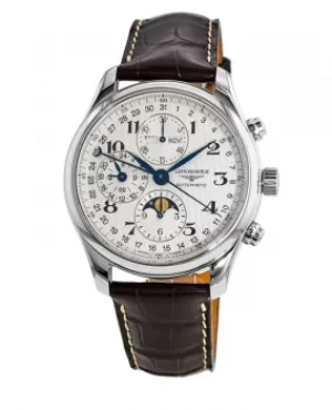 image of Longines Master Collection Moonphase 42mm Silver Chronograph Dial Leather Strap Mens Watch L2.773.4.78.3 L2.773.4.78.3