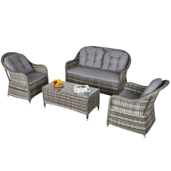 Image of Outsunny 4-Seater PE Rattan Wicker Sofa Set Outdoor Conservatory Furniture Lawn Patio Coffee Table w/ Cushion - Grey