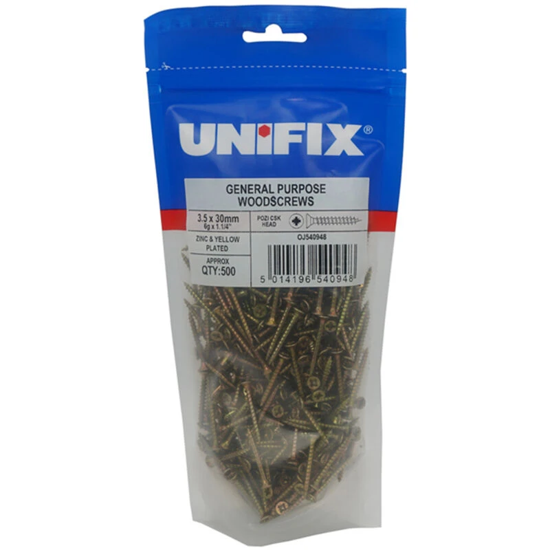 Image of Unifix General Purpose Chippy Woodscrews Pozi Csk Head Zyp Ce - 4.0 X 25mm - Pou9Chippy/065 - For Diy Projects - Box Of 2500