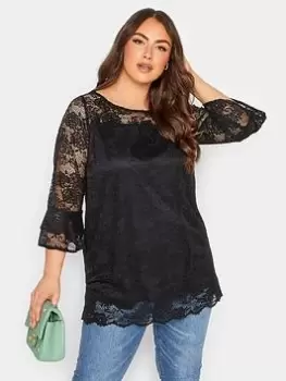 Image of Yours Bell Sleeve Blouse Floral Lace, Black, Size 18, Women
