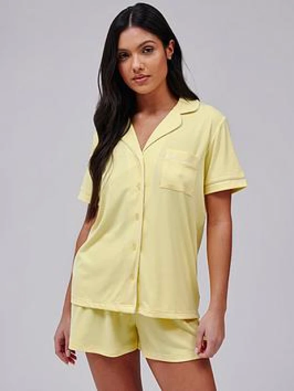 Image of Loungeable Womens Super Soft Jersey Rib Traditional Short Sleeve Set in Yellow Size: Large Yellow Female L