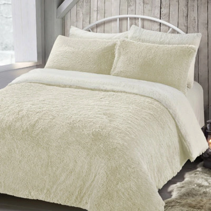 Image of Velosso Alaska Shaggy Faux Fur Warm & Cosy Duvet Cover & Pillowcase Set in Cream Size: Double Cream Unisex Double