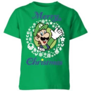 Image of Nintendo Super Mario Luigi Merry Christmas Kid's T-Shirt - Kelly Green - 11-12 Years