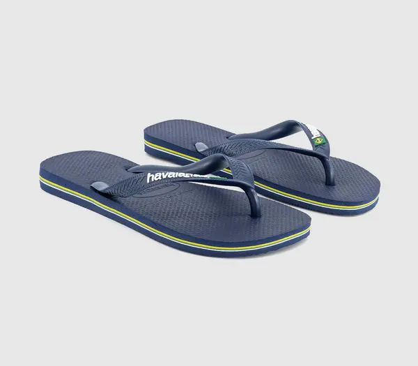 Image of Havaianas Mens Brasil Logo Flip Flops In Blue, 11/12