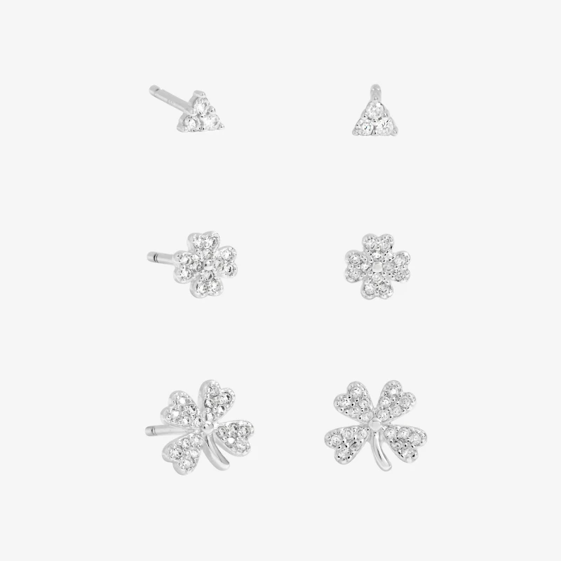 Image of Simply Silver Sterling Silver 925 CZ Clover Earrings - Pack of 3 Huggie Earrings One Size Silver 39413011000