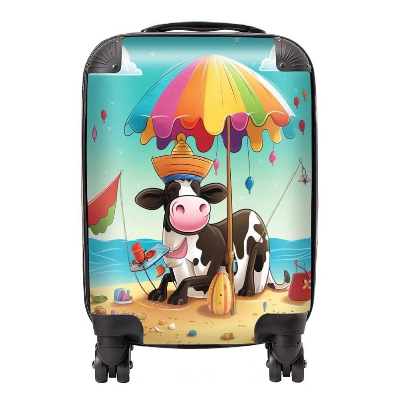 Image of Warren Reed - Designer Cow On A Beach Holiday Suitcase in Yellow Size: Small Yellow Unisex Small