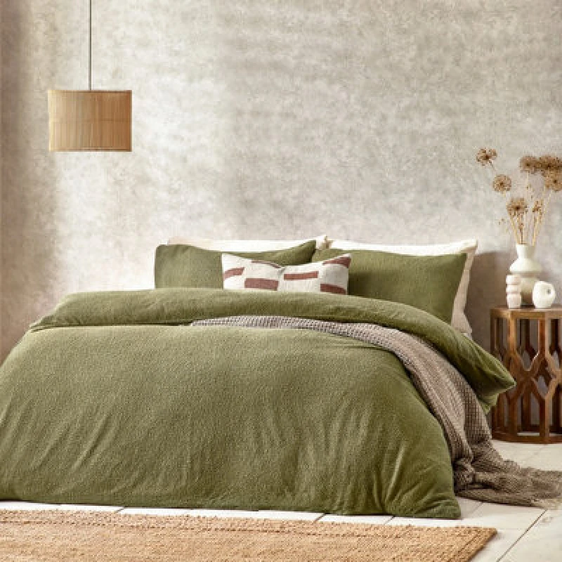 Image of Boucle Duvet Cover Set Olive, Olive / Single