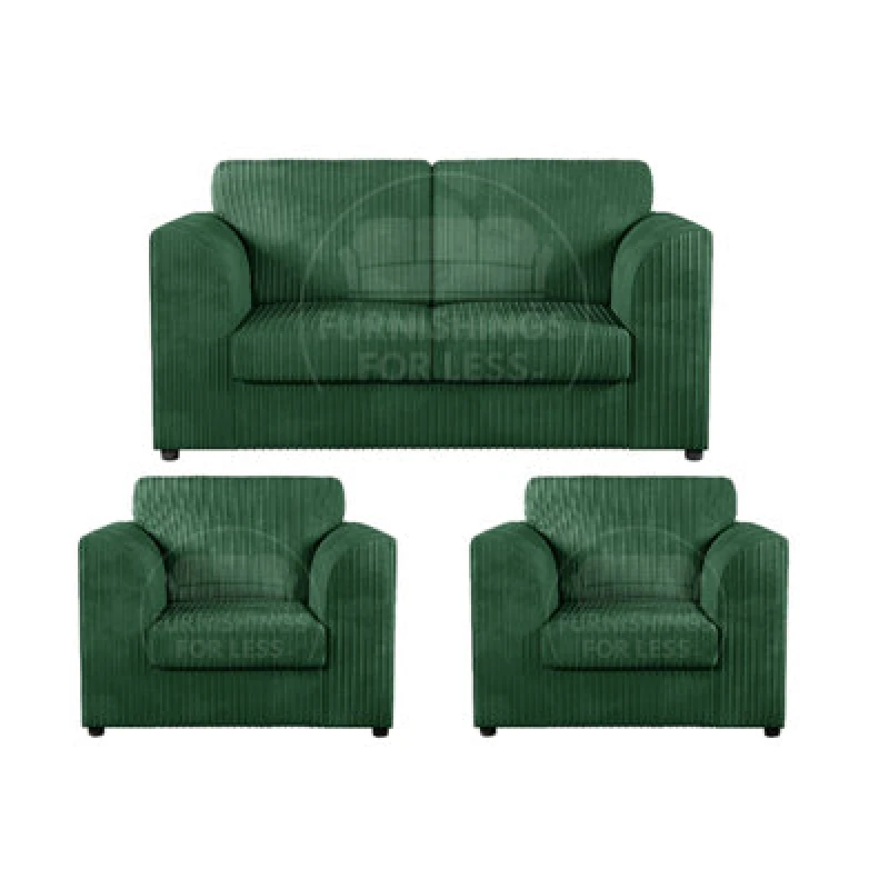 Image of Furnishings For Less UK Luxor Jumbo Cord 2 + 1 + 1 Fabric 3 Piece Sofa Suite - Fullback Green