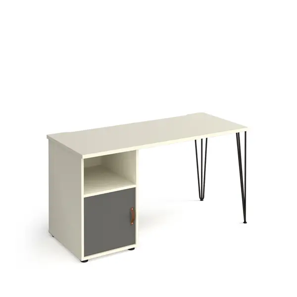 image of Tikal Straight White Desk with Black Hairpin Leg with Grey Cupboard Door - 1400mm x 600mm