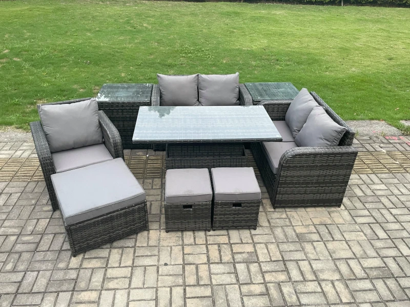 Image of Fimous 8 Seater Rattan Furniture Garden Dining Set Outdoor Height Adjustable Rising lifting Table Love Sofa Chair With Side Table Dark Grey