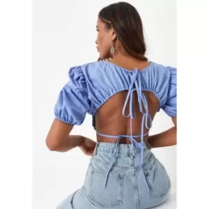 Missguided Open Back Puff Sleeve Poplin Crop - Blue