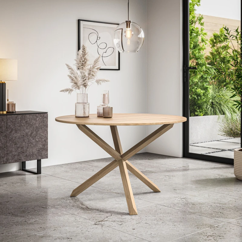 Image of More4Homes Malvern Round Dining Table Oak Effect Table Top W Solid Oak Legs