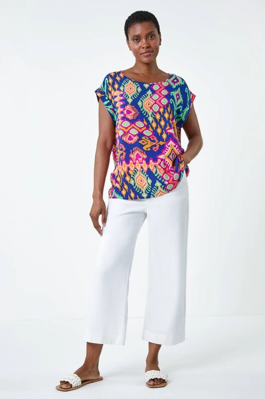 Image of Roman Aztec Print Short Sleeve Top Blue