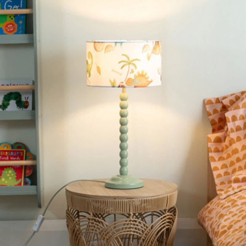 Image of ValueLights Sage Green Bobbin Stem Table Lamp With Dino Drum Shade For Living Room Bedroom - LED Bulb Included