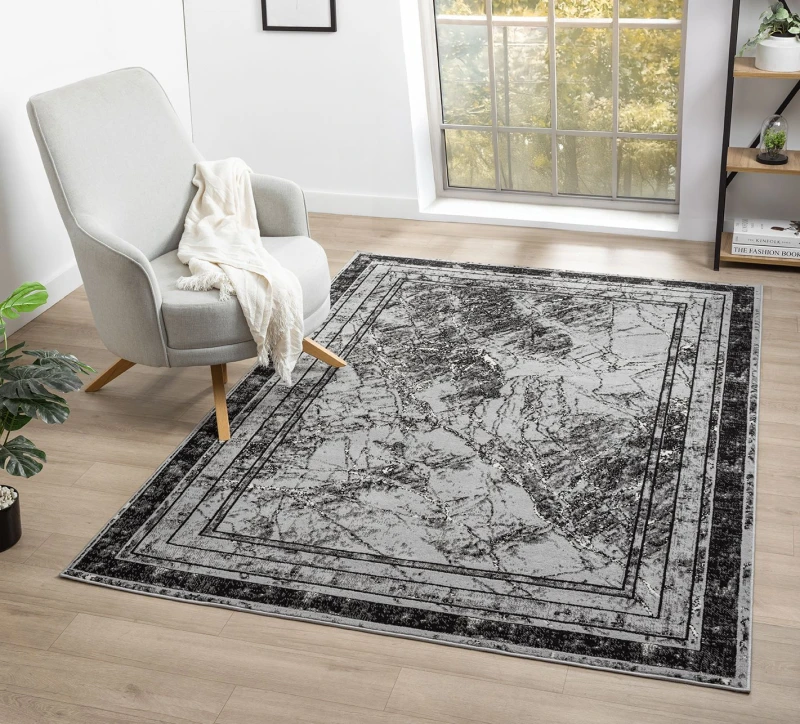 Image of Desire Rugs Obsidian Modern Low Pile Area Rug - Frame Abstract Design in Grey Size: 200cm x 290cm Grey Unisex 200cm x 290 cm