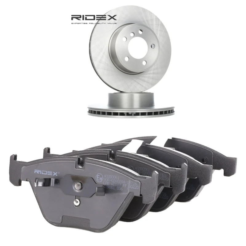 Image of RIDEX 3405B2802 Brake disc and pads set Front Axle, Brake Disc Type: internally vented, prepared for wear warning indicator Brake Set,disc brakes (34