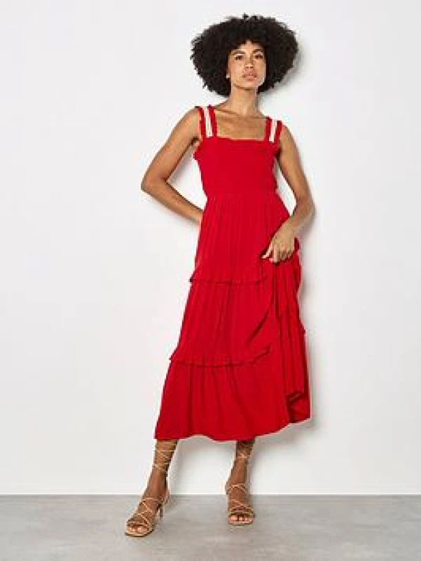 Image of Apricot Womens Tiered Lace Trim Midi Dress in Red Size: 8 Red Female 8