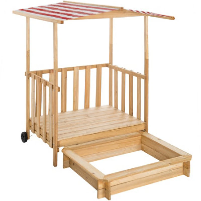 Image of Tectake Sandpit - With Seating Areas And Sunshade, Play Deck With Railing, Transport Wheels - Red