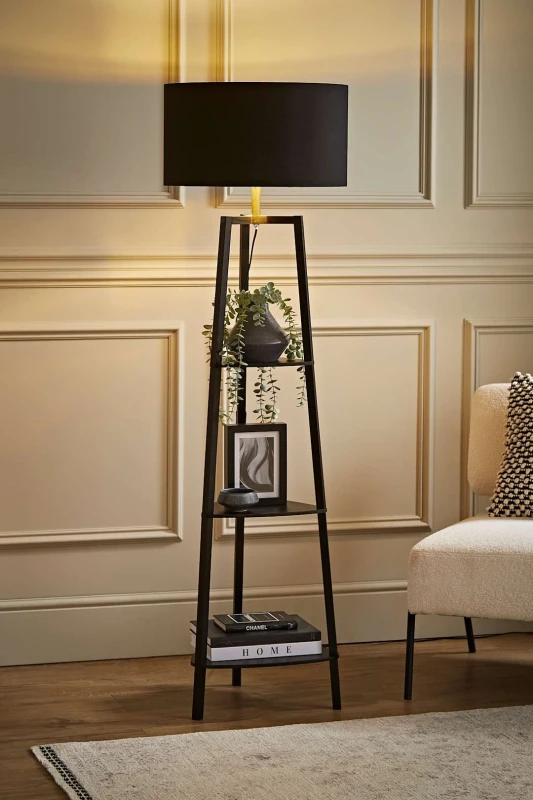 Image of ValueLights Hiru Black 3 Tier Wooden Shelf Floor Lamp With XL Drum Black And Gold Shade Black