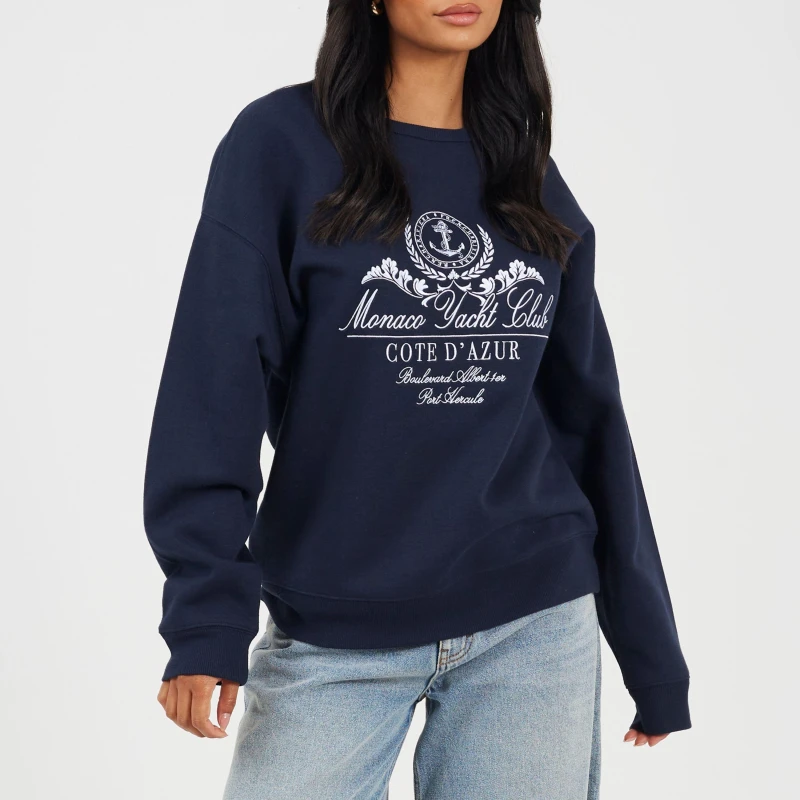 Image of Brave Soul BS Womens Crew Neck Sweatshirt with Monaco Yacht Club Embroidery Navy/White female 16 (XL)