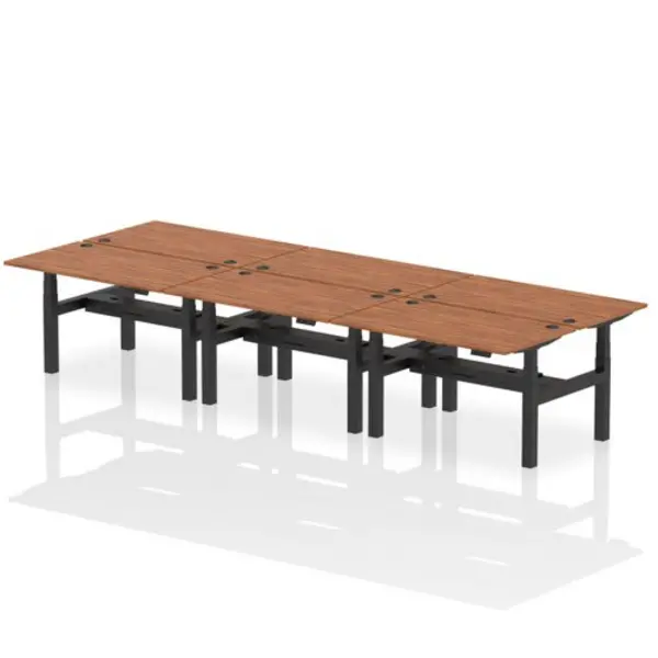 Image of Air Air Back-to-Back 1400 x 800mm Height Adjustable 6 Person Bench Desk Walnut Top with Cable Ports Black Frame HASCP6P14800WNTB