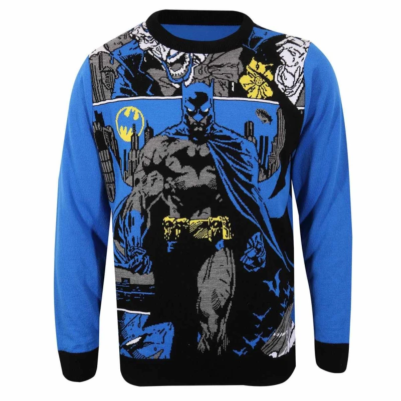 Image of Batman Batman Men Manga Knitted Jumper in Blue Size: X-Large Blue XL Male 5063527790361